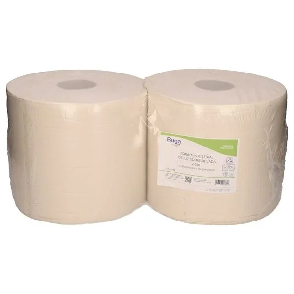 (2) bobina de papel secamanos buga industrial doble capa. 235mm x 350mts. celulosa reciclada
