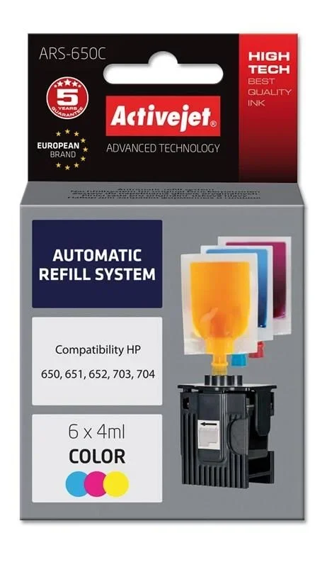 Activejet Sistema de recambio ARS-650Col (recambio HP703, HP704, HP650, HP651, HP652 ; 6 x 4 ml; rojo, azul, amarillo)