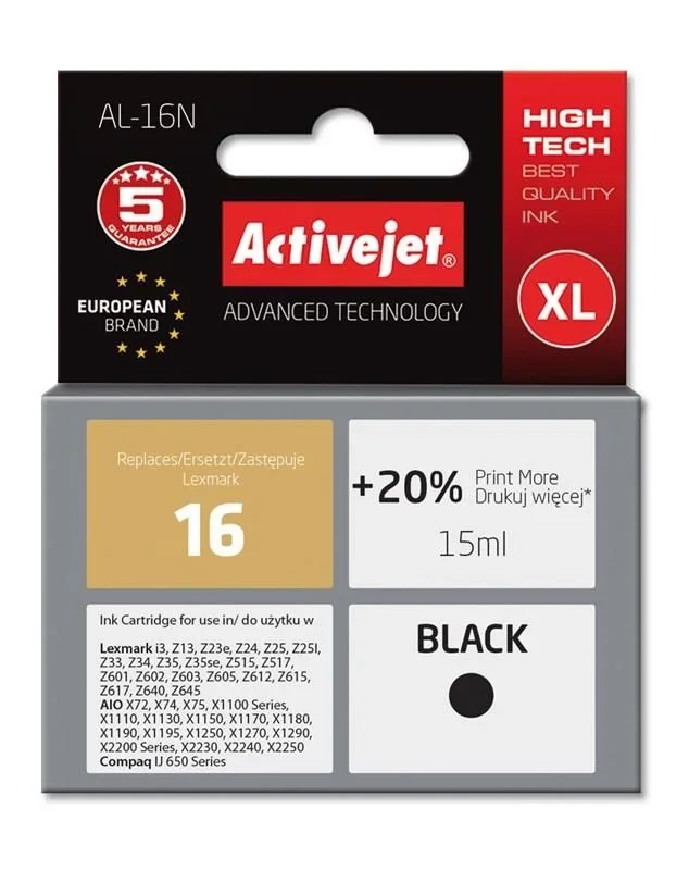 Activejet Tinta AL-16N (repuesto Lexmark 16 10N0016; Supreme; 15 ml; negro)