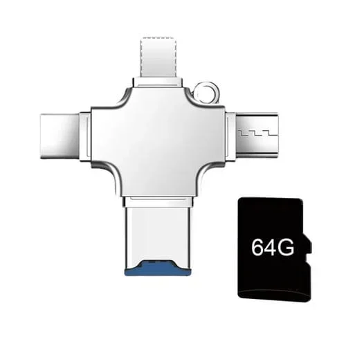 Adaptador 4 en 1 USB-C USB 2.0 Micro USB 8 Pines Lector Tarjetas TF 64 Gb (Astilla)