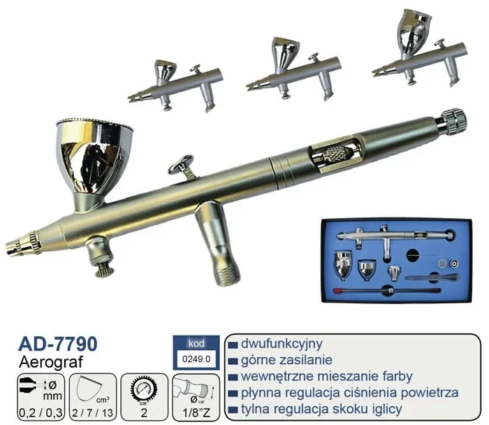 Adler Aerógrafo AD-7790, herramienta profesional para pintura artística y automotriz, boquillas intercambiables 0.2mm y 0.3mm, flujo de pintura ajustable, diseño ergonómico, color metálico.