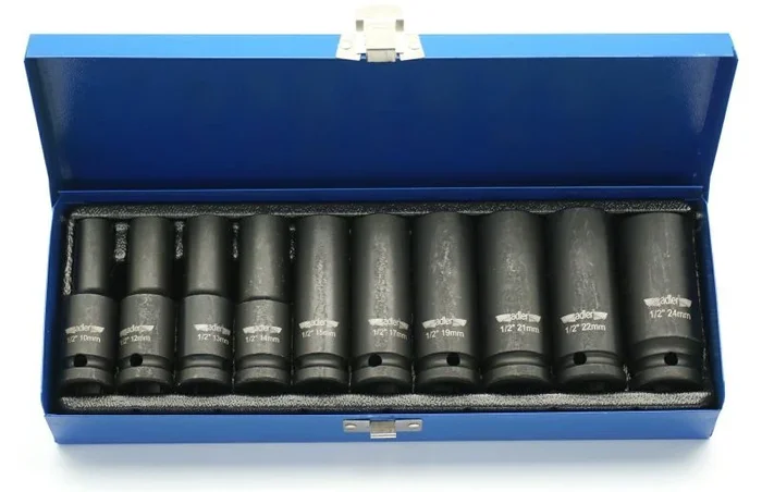 Adler Juego de dados largos de impacto 1/2″ 10 piezas con estuche metálico, herramienta profesional para ensamblaje y mantenimiento, diseño reforzado, recubrimiento protector, alta resistencia, color metálico.