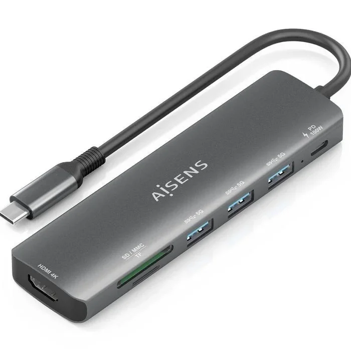 AISENS USB-C Dock 7 en 1, USB-C A, 1x HDMI, 3x USB-A, 1x USB-C PD 100W, 1x SD, 1x MicroSD, Gris, 15cm