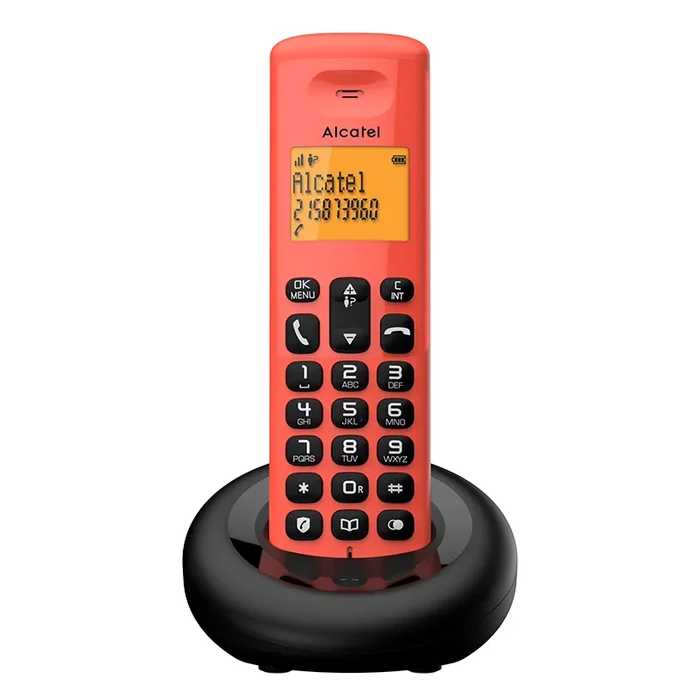 Alcatel E160 – Teléfono inalámbrico DECT – Diseño Compacto – Gran Pantalla retroiluminada – Bloqueo de Llamadas no deseadas – 3 memorias directas – Rojo