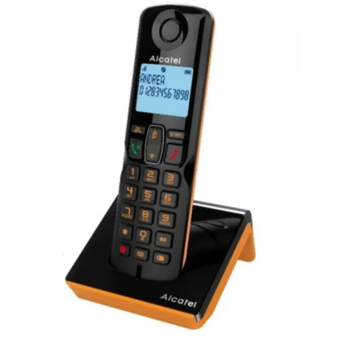 ALCATEL S280 – Teléfono inalámbrico DECT – Diseño Compacto – Pantalla Grande retroiluminada – Manos Libres – Bloqueo de Llamadas – Agenda 50 contactos – Negro/Naranja