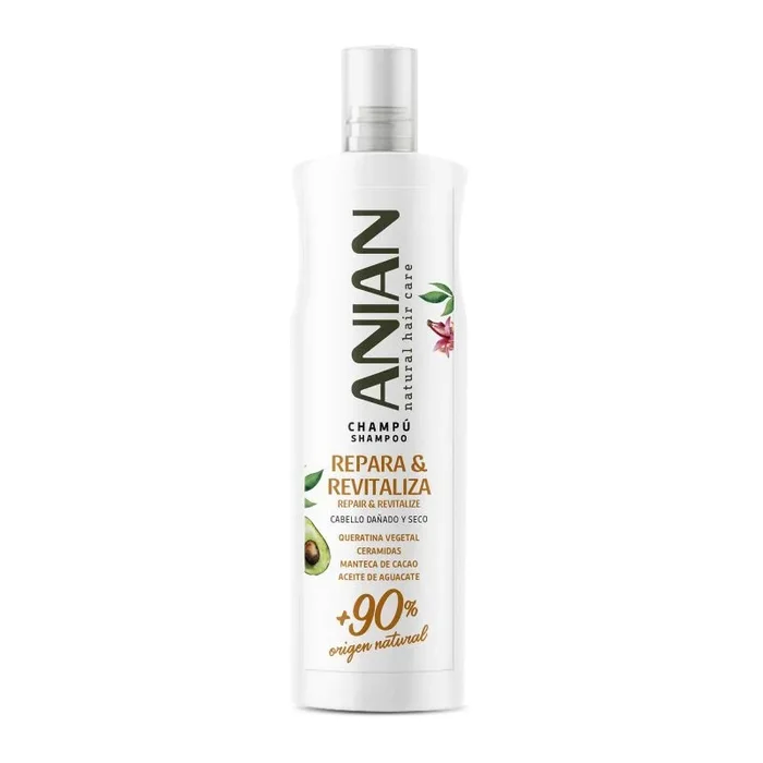 ANIAN – Champú Repara y Revitaliza, 400 ml, para Pelo Seco y Dañado, Limpia, Hidrata y Fortalece el Cabello Dañado, con Aceite de Aguacate, Manteca de Cacao y Queratina Vegetal