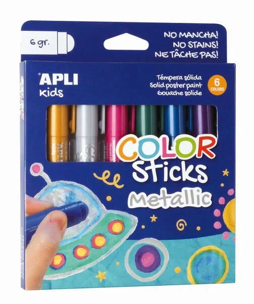 Apli color sticks temperas solidas – pack de 6 unidades de 6g en colores metalizados – acabado satinado sin necesidad de barniz – secado rapido en menos de 3 minutos – efecto cera o tempera segun la presion ejercida