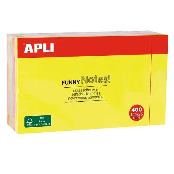 Apli funny bloc de 400 notas adhesivas reposicionables 125x75mm – 4 colores surtidos (100 hojas por color) – colores fluor