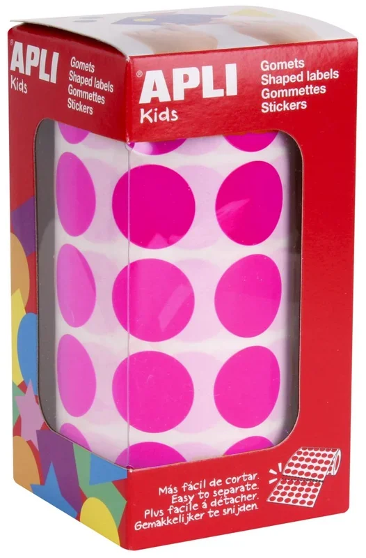 APLI Kids 16721 – Rollo gomets redondos Ø 20 mm fucsias, adhesivo permanente, 59 hojas precortadas (1770 gomets en total por rollo)