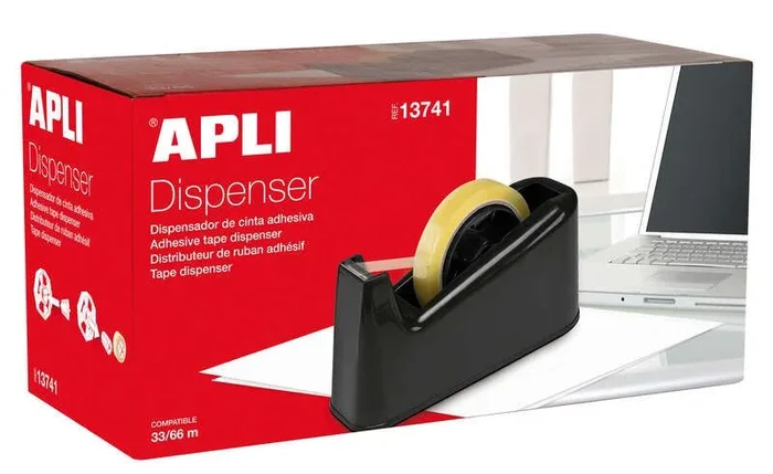 Apli trade portarrollos para cinta adhesiva de 33 y 66 metros – cuchilla dentada – base de goma antideslizante – color negro