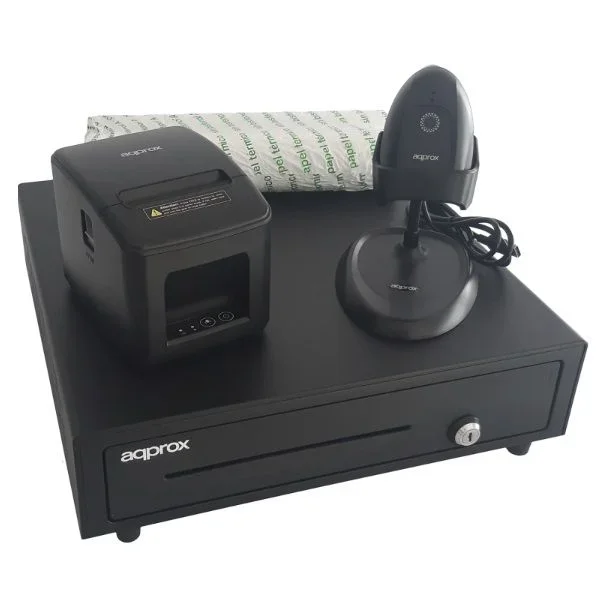 Approx Pack TPV CAJÓN+Impresora+Lector CÓDIGOS Barras+Paquete 8 Rollo 80X60 (CASH01+POS80AM-USB+LS11AS+PAQ.8 Rollos 80X60, Negro)