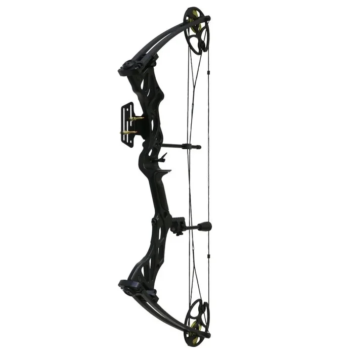 Arco de tiro compuesto de poleas Hellbow Fossil regulable de 30 a 70 LBS y una apertura de 25 a 31″, posee visor de 2 pines. Arco para diestros de Color Negro con cuerda de tensar de repuesto.