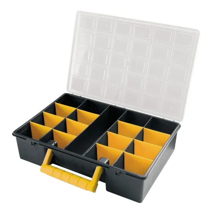 Art Plast ZA1591 Organizador de plástico L362 x P250 x H85 mm con separadores extraíbles, tapa transparente, Negro/Amarillo, 36,2x25x8,5