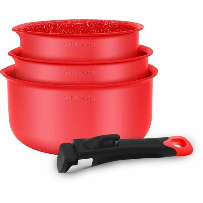 Arthur Martin, AMR28, Juego de 3 cacerolas de aluminio antiadherentes, mangos extraíbles, compatibles con todas las fuentes de calor incluida la inducción, medidas 16-18-20 cm, Color rojo