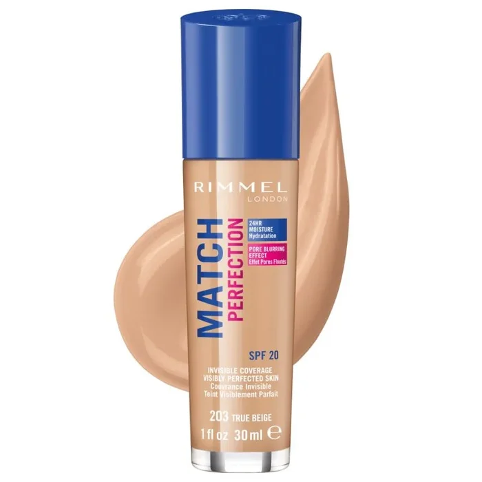 Astor Rimmel London Match Perfection 203, Foundation Base De Maquillaje Con Spf20, True Beige, 123 G, 203-true Beige, Vanilla, 30 Mililitro