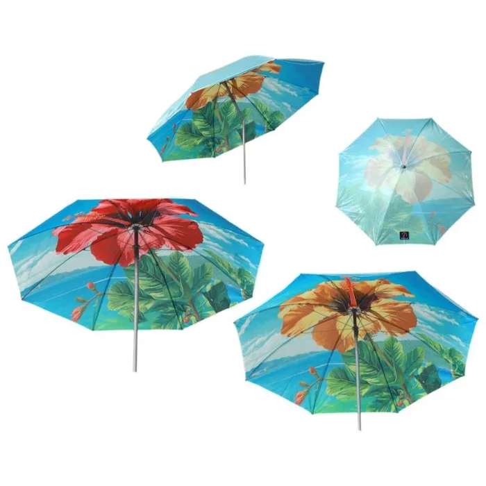 Atosa Sombrilla de Playa Diseño Flores Tropicales Orientable Metálica de Hierro Ø160 cm Nylon Protección UPF 50+ Surtida en 2 Posibilidades con Funda
