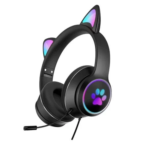 Auriculares Akz-022 USB + 3.5mm con Micrófono, LED, Plegables, Orejas de Gato (Negro)