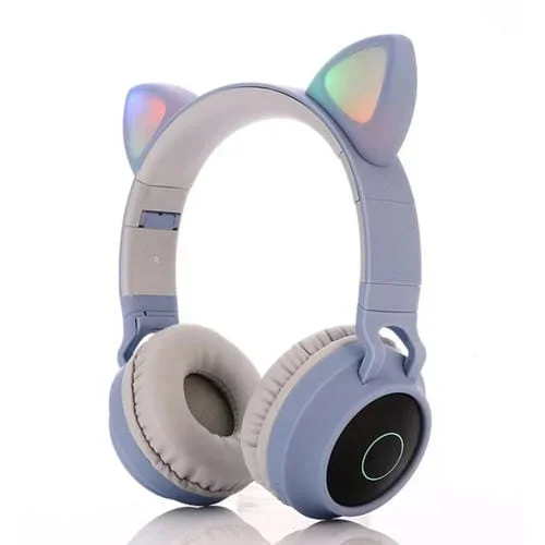 Auriculares Bluetooth Bt028C Lindo Gato Inalámbricos Estéreo Plegables Micrófono Luz Led Radio FM Tarjeta TF (Azul)