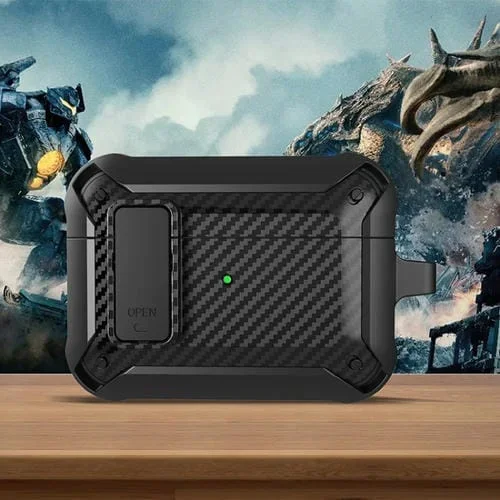 Auriculares inalámbricos funda protectora fibra de carbono a prueba de golpes con interruptor para Airpods Pro (Negro)