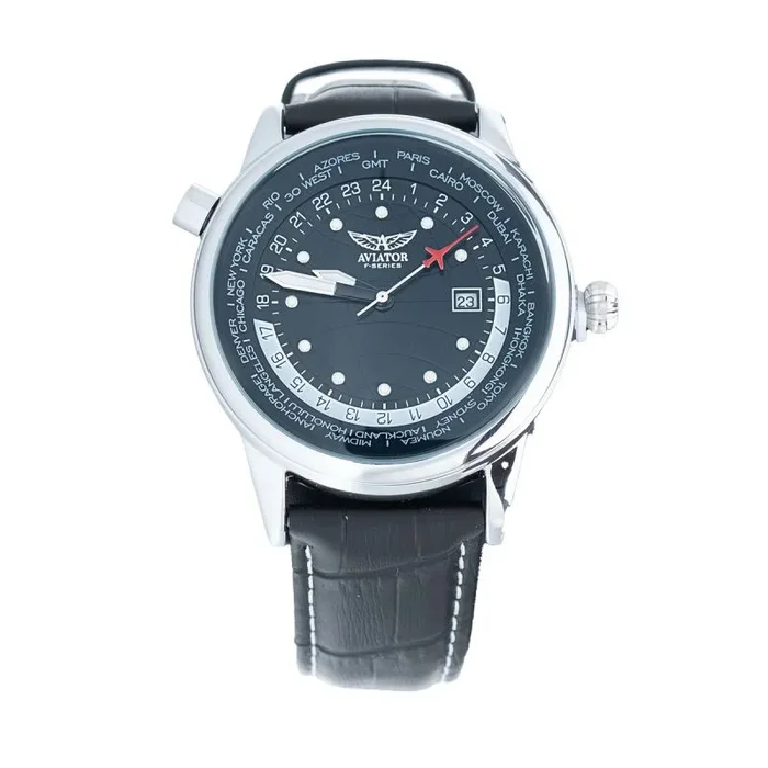 Aviator mundo ciudades 3 mano reloj para hombres – aviación Piloto de Vuelo Series Aviators Collection – Correa de piel auténtica negro 3 Atm de cuarzo clásico reloj de pulsera