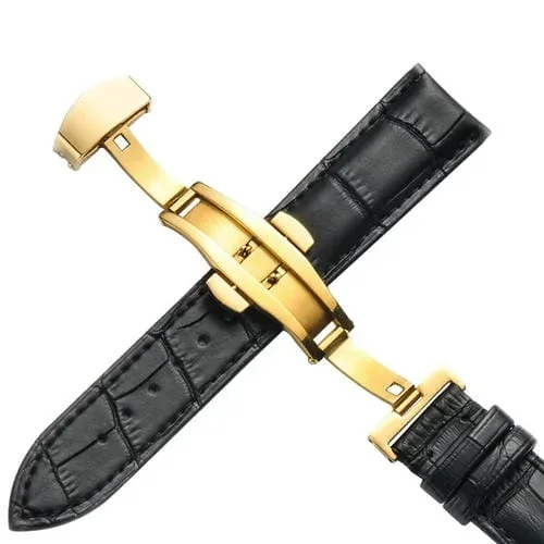 Banda de Reloj de Cuero de Vaca 16mm con Hebilla de Mariposa (Negro)