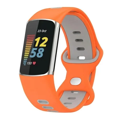 Banda de Silicona Bicolor para Fitbit Charge 5 Smart Watch Sports Impermeable (Naranja Gris)