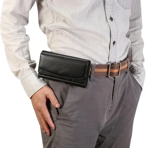 Banda elástica de piel de cordero para hombre funda de cuero con cintura colgante universal para teléfono móvil 4,8 pulgadas con ranura para tarjeta (Negro)