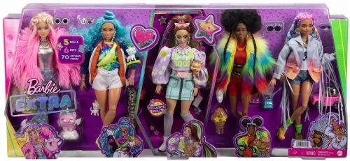 Barbie Extra 5-Doll Set with 6 Pets and 70 Styling Pieces