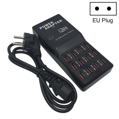 Base de carga rápida 12 Puertos USB W-858 cargador inteligente escritorio AC100-240V (Negro)