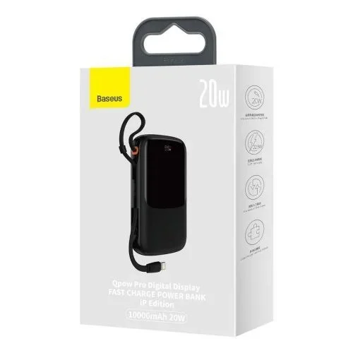 Baseus power bank q pow with digital display, u+c, with built-in lightning cable, qc, scp afc fcp 20w, 10000 mah black (ppqd020001)