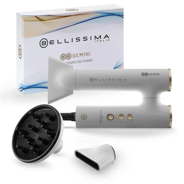 Bellissima, Secador de pelo Gemini, ligero, compacto, mango giratorio, motor digital, flujo de aire ultrapotente, ionizador, 2 concentradores y difusor, 3 velocidades y 3 temperaturas