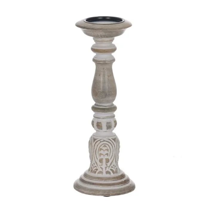 BigBuy Home Candelabro Blanco Natural Hierro Madera de Mango 14 x 14 x 38 cm