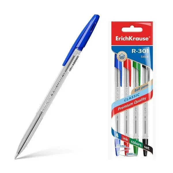 Bolígrafo y Roller marca ERICHKRAUSE modelo Erichkrause Pack de 4 Boligrafos R-301 Classic Stick 1.0 – Cuerpo Transparente Hexagonal – Punta de 1.0mm – Tinta de Secado Rapido – Color Azul