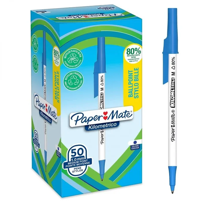 Bolígrafos Paper Mate Kilométrico | Escritura Larga con punta mediana (1,0mm) | Tinta azul | 80% plástico reciclado | 50 unidades