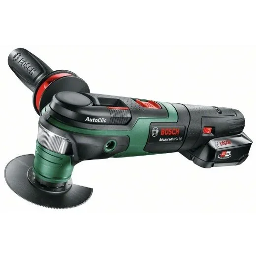 Bosch AdvancedMulti 18 – Multiherramienta a batería con maletín (1 batería 18V, cargador, plato lijador delta, set de hojas de lija, 2x hojas de sierra, empuñadura adicional, Sistema 18 V, 2,5 Ah)