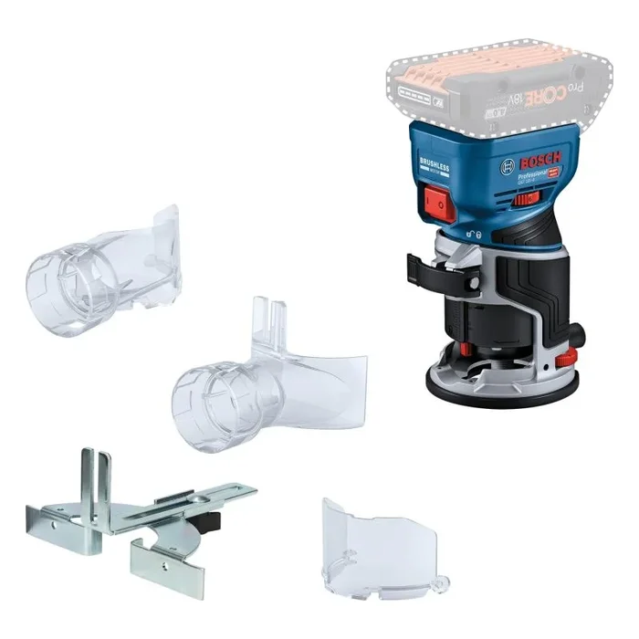 Bosch Professional 18V System fresadora corte batería GFK 18V8, incl guía paralela, 2 adaptadores aspirador fresado, protección contra virutas, pinza sujeción de 8 mm, sin batería/cargador