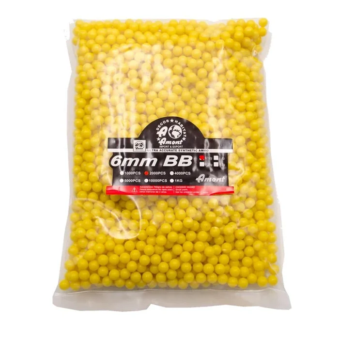 Bote con bolitas de PVC para armas Airsoft calibre 6mm 0.12 Gr con 2000 bolitas color amarillo – Ref:HA-BB1000Y