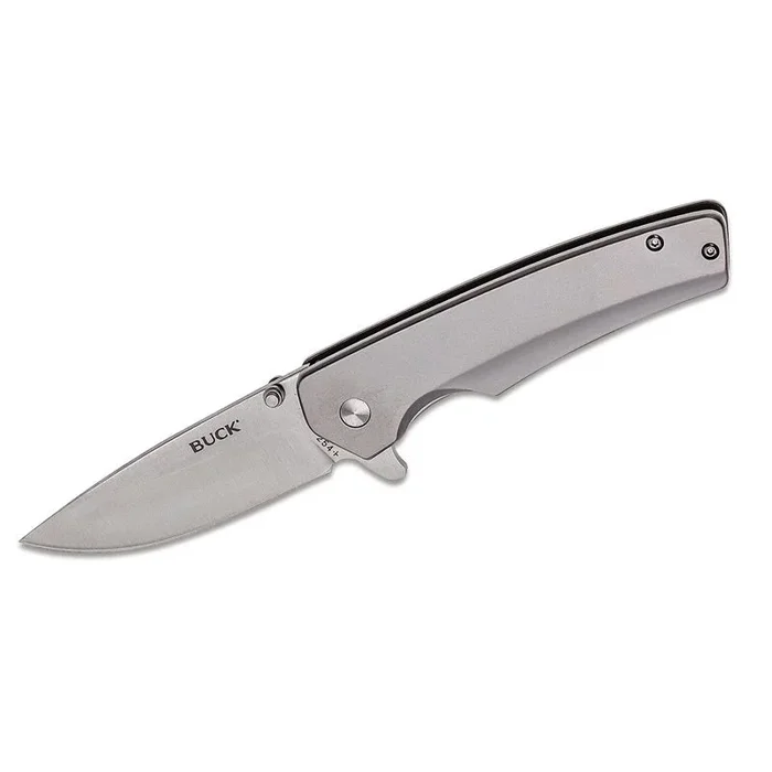 Buck Knives STE-0254SSS Cuchillo Plegable Odessa 254 de 7,9 cm de longitud, Hoja lisa satinada de punta caída de acero inoxidable 7Cr y mangos de acero inoxidable, con clip de bolsillo Tip-Up-Right Carry