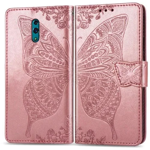Butterfly Love Flowers – Estuche de Cuero con Tapa Horizontal En Relieve para Oppo Reno, con Soporte, Ranuras para Tarjetas, Billetera y Cordón (Oro Rosa)