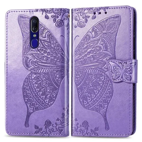 Butterfly Love Flowers Funda de Cuero con Tapa Horizontal En Relieve para Oppo F11, con Soporte, Ranuras para Tarjetas, Billetera y Cordón (Violeta Claro)