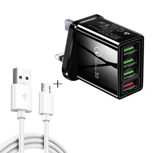 Cable 2 en 1 USB a Micro USB + Cargador 30W QC 3.0 4 Interfaces para Móvil Tablet PC (Negro)