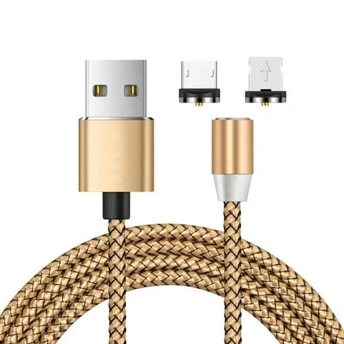 Cable de carga 2 en 1 USB a 8 Pines y Micro USB trenzado de nailon con interfaz metálica magnética 1 m (Dorado)