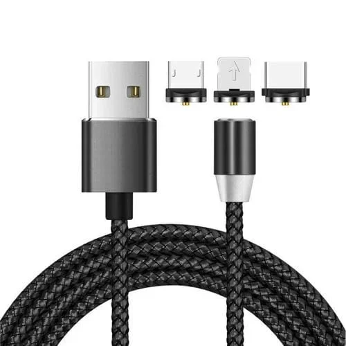 Cable de carga 3 en 1 USB A 8 Pines + Tipo-C + Micro USB Metal Magnético Trenzado 1 m (Negro)