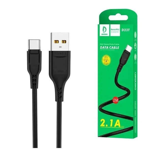 Cable denmen d23t usb typ-c black 2meters usb 2.1a