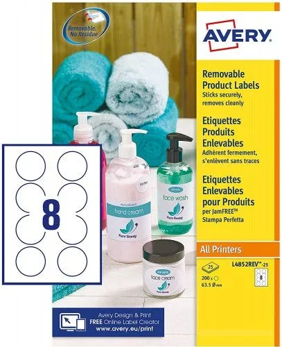Caja 250 etiquetas blancas rremovibles- multiufunción redonda 63,5mm – 8 etiquetas por hoja avery l4852rev-25