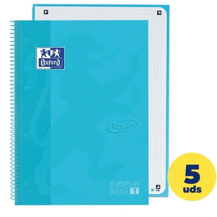 Caja de cuadernos con espiral cuadriculado oxford european book 1 touch 400107010/ a4+/ 80 hojas/ 5 unidades/ azul agua
