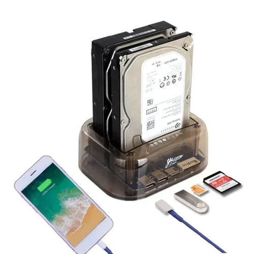 Caja de Disco Duro SATA Dual USB 3.0 para 2,5 y 3,5 Pulgadas con Función Hub y OTG, Soporta Hasta 16 TB