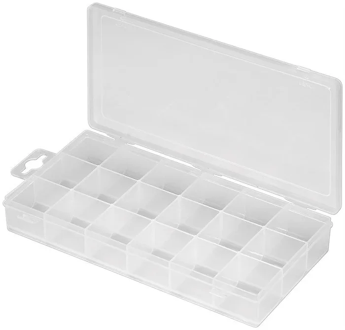 Caja de surtidos con 18 compartimentos, caja de compartimentos con 18 compartimentos fijos.