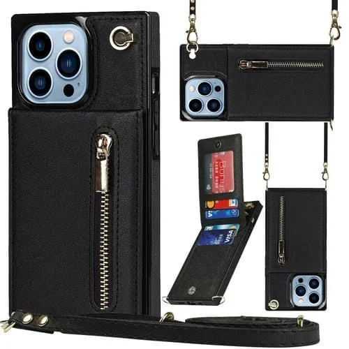 Caja de Teléfono Cuadrado con Cremallera Cruzada con Soporte para iPhone 13 Pro (Negro)