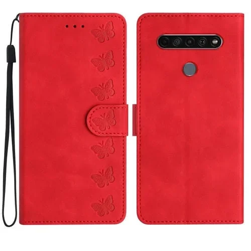 Caja de Teléfono de Cuero En Relieve para LG K61 Seven Butterflies (Rojo)